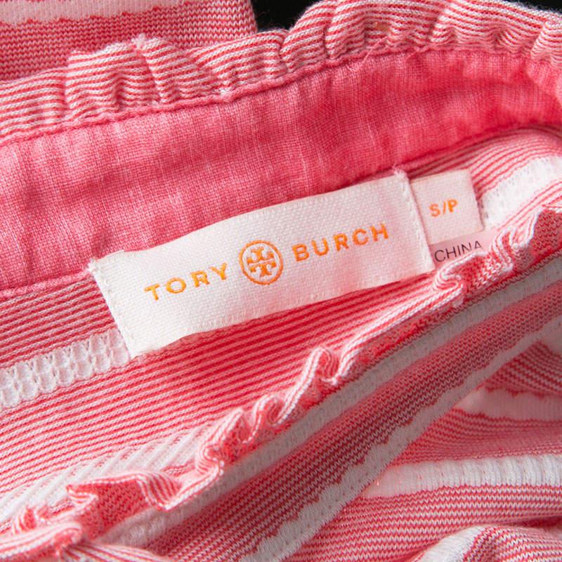 Tory Burch Pink and White Striped Knit Ruffle Detail T-Shirt S For Sale 1