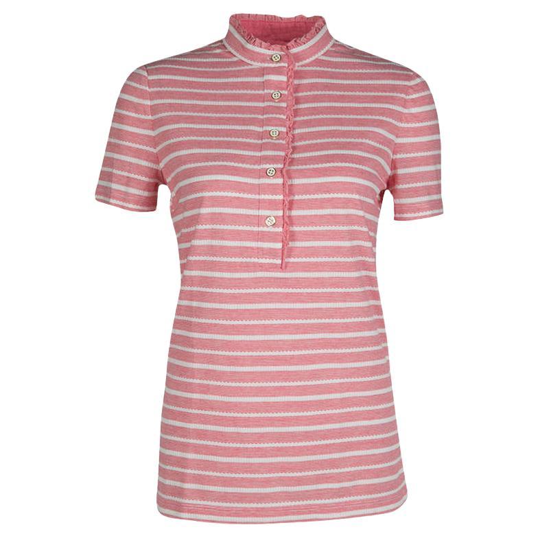 Tory Burch Pink and White Striped Knit Ruffle Detail T-Shirt S For Sale