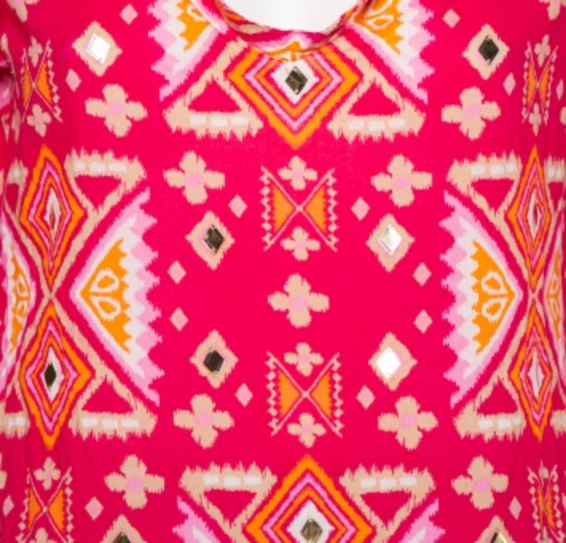 Tory Burch Pink Batik Printed Cotton Embellished Oversized Top S For Sale 2