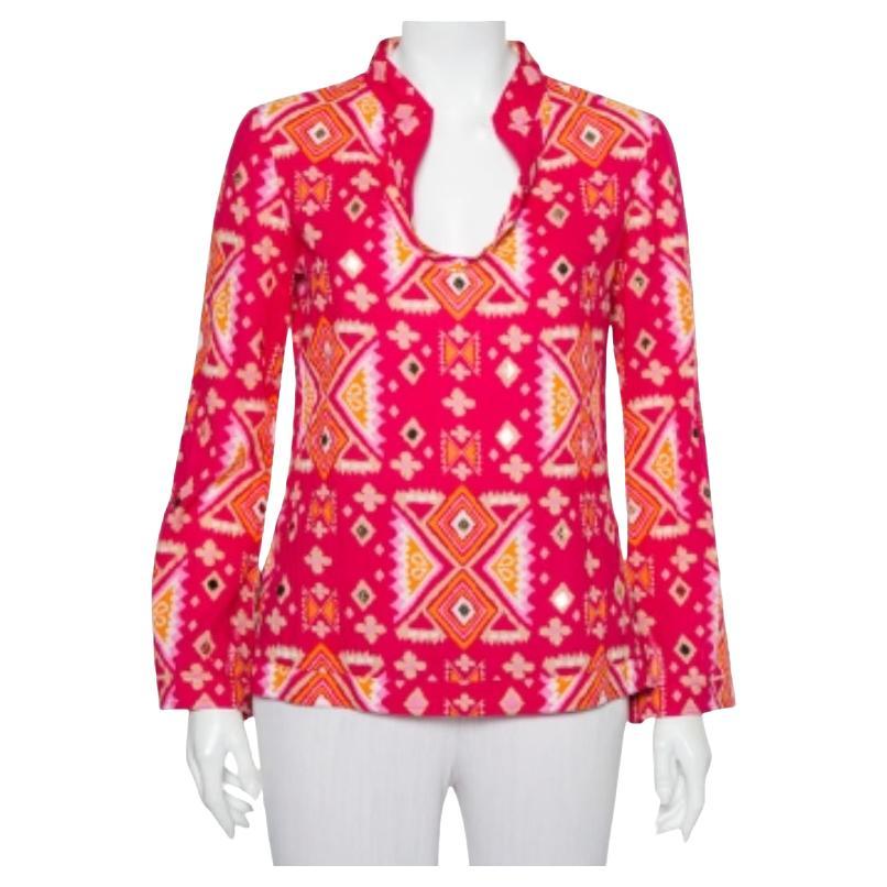 Tory Burch Pink Batik Printed Cotton Embellished Oversized Top S For Sale