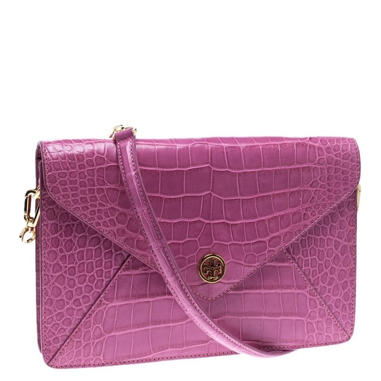 Tory Burch Pink Croc Embossed Leather Shoulder Bag For Sale at 1stDibs ...