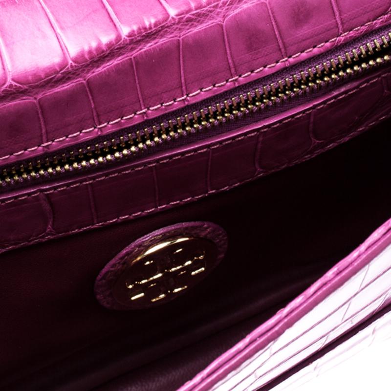 Women's Tory Burch Pink Croc Embossed Leather Shoulder Bag