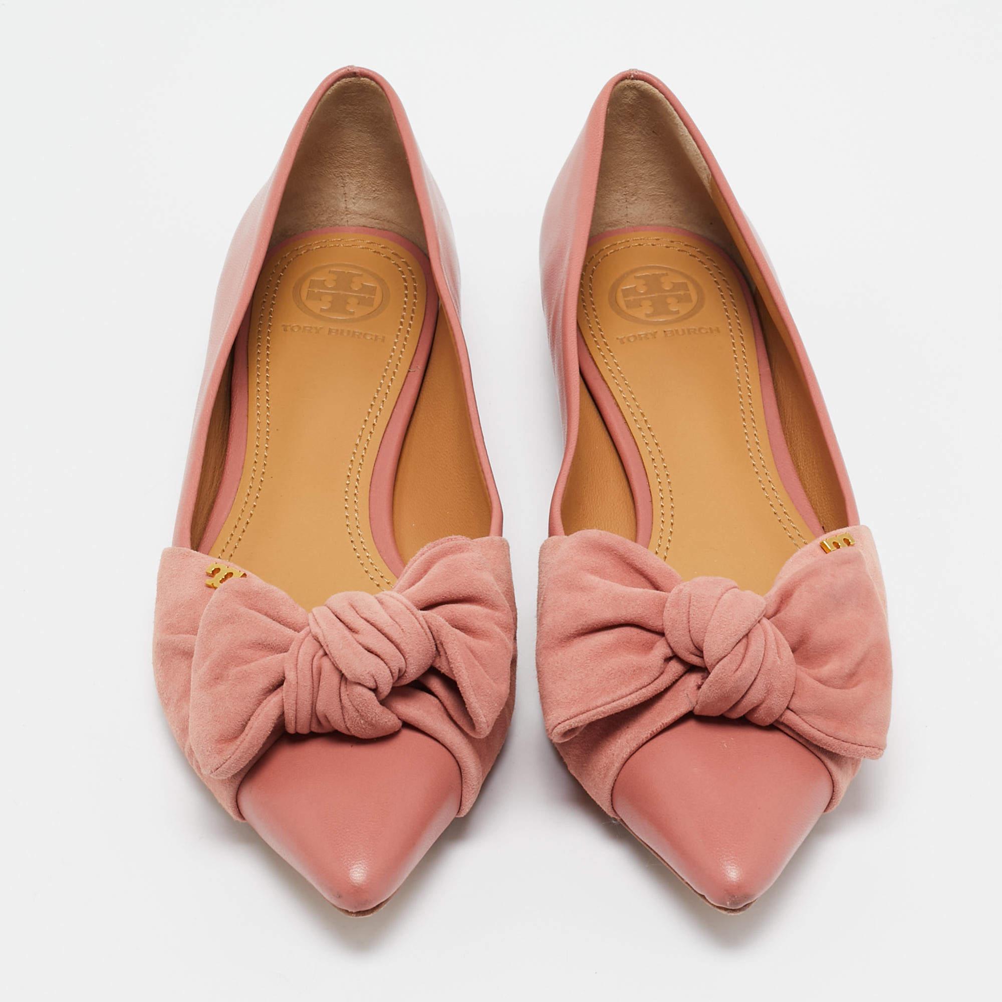 Tory Burch Pink Leather and Suede Knotted Bow Ballet Flats Size 37.5 In Good Condition For Sale In Dubai, Al Qouz 2