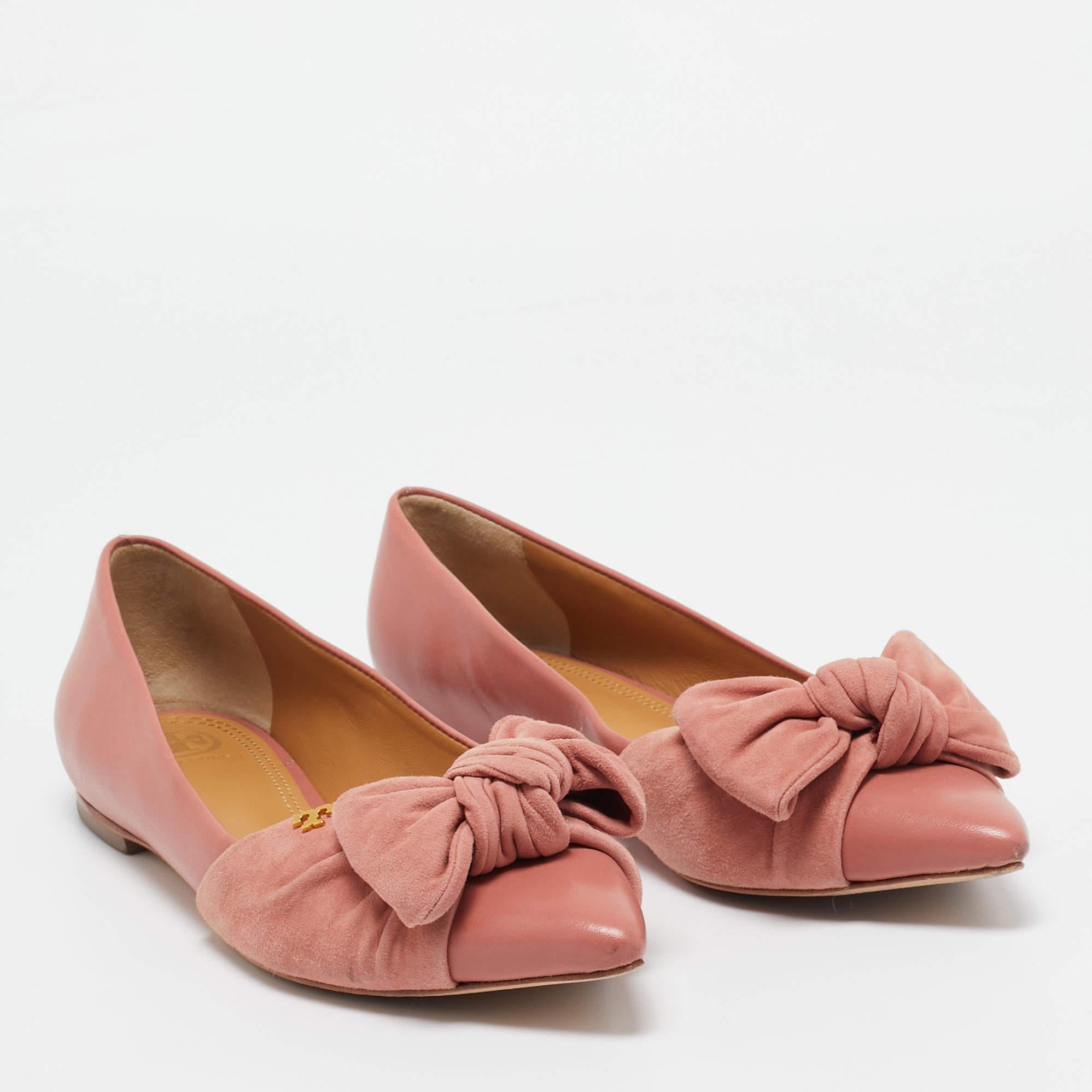 Women's Tory Burch Pink Leather and Suede Knotted Bow Ballet Flats Size 37.5 For Sale