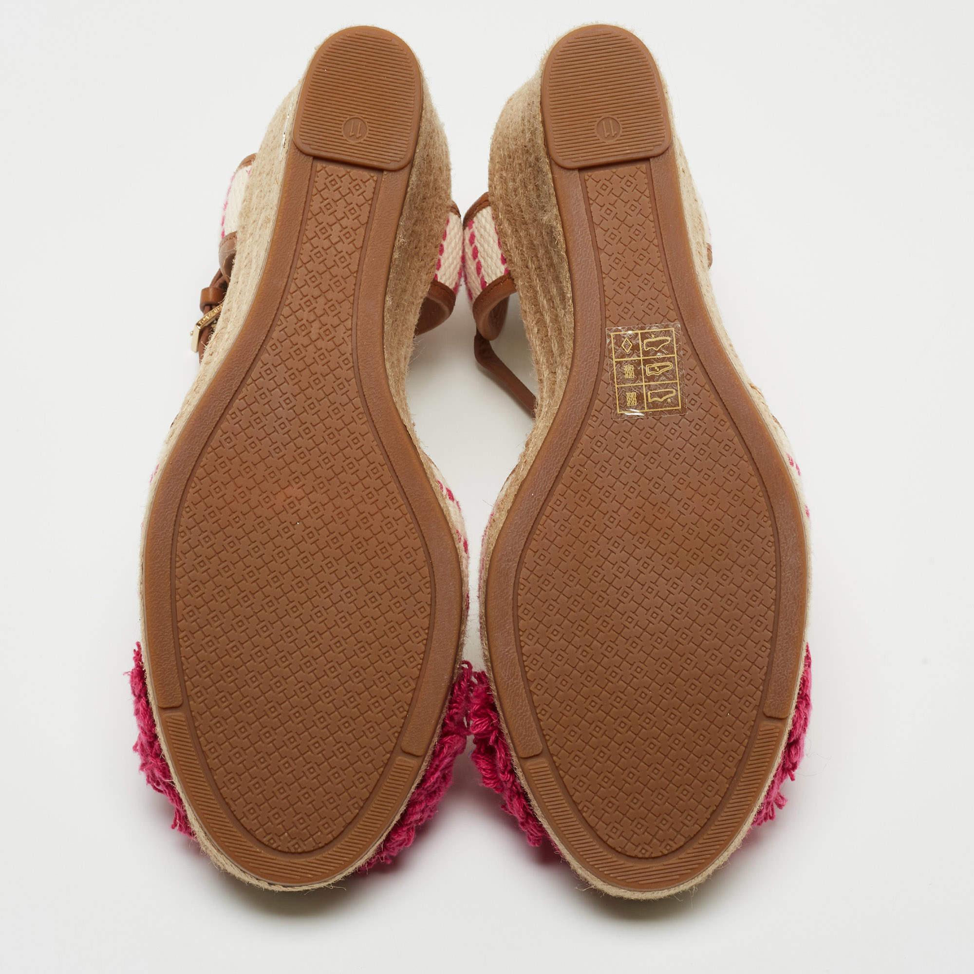 Tory Burch Pink/White Canvas And Leather Espadrille Wedge Platform Ankle Strap  In Excellent Condition In Dubai, Al Qouz 2