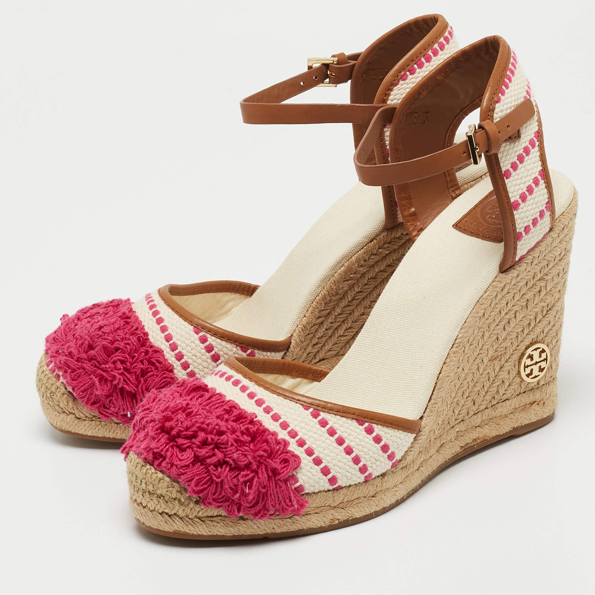 Tory Burch Pink/White Canvas And Leather Espadrille Wedge Platform Ankle Strap  1