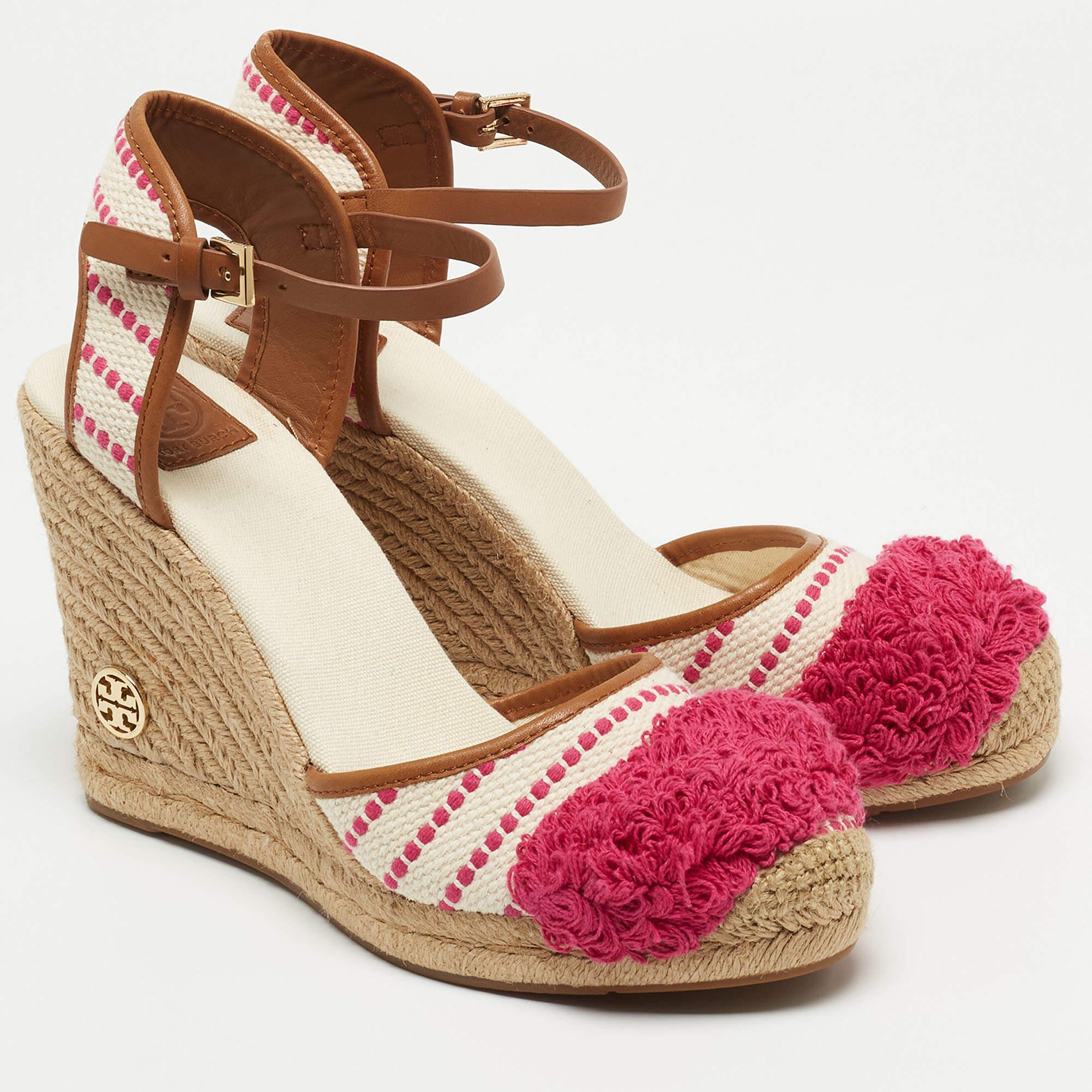 Tory Burch Pink/White Canvas And Leather Espadrille Wedge Platform Ankle Strap  2