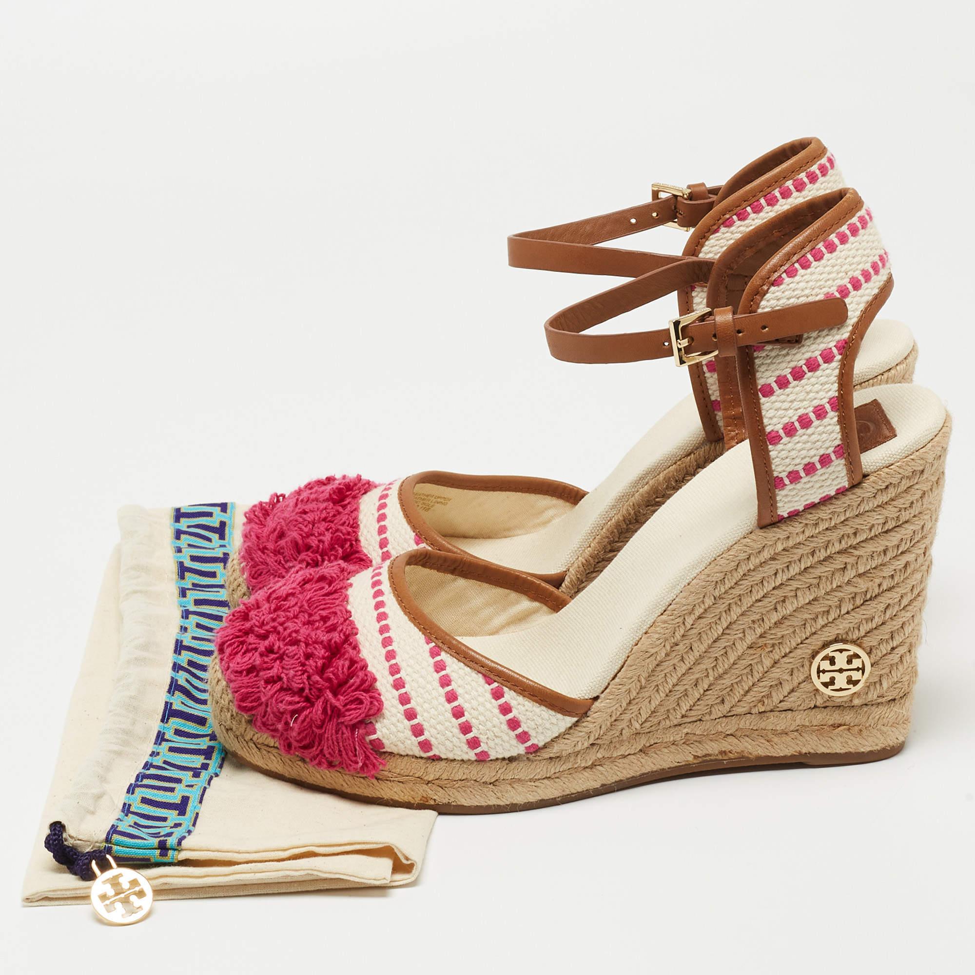 Tory Burch Pink/White Canvas And Leather Espadrille Wedge Platform Ankle Strap  4