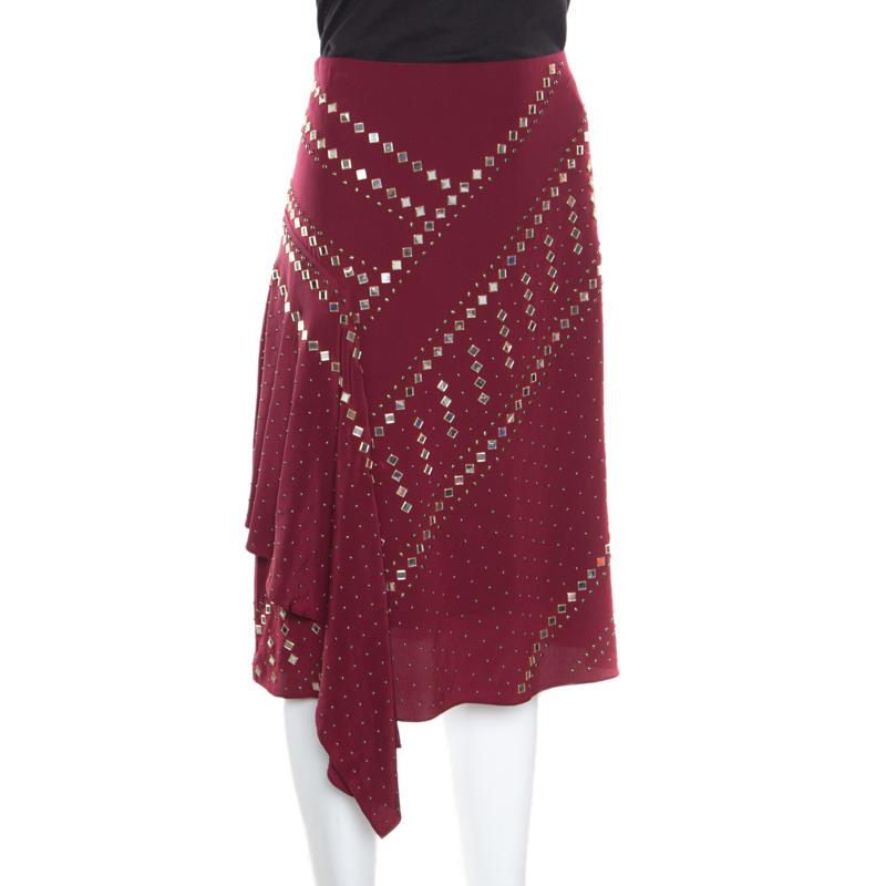 Brown Tory Burch Red Agate Embellished Silk Draped Skirt S