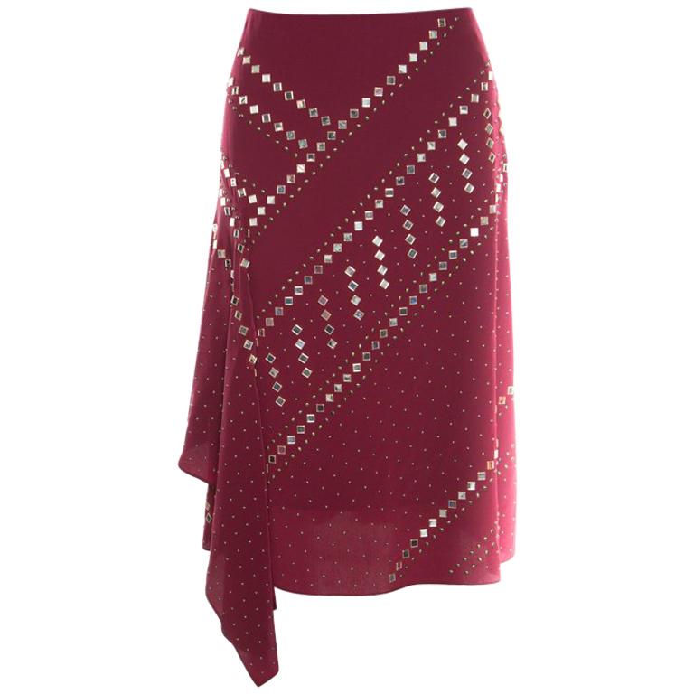Tory Burch Red Agate Embellished Silk Draped Skirt S
