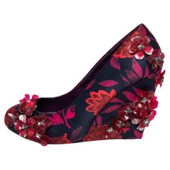 Tory Burch Red/Black Floral Print Satin Elmira Wedge Pumps Size 36.5