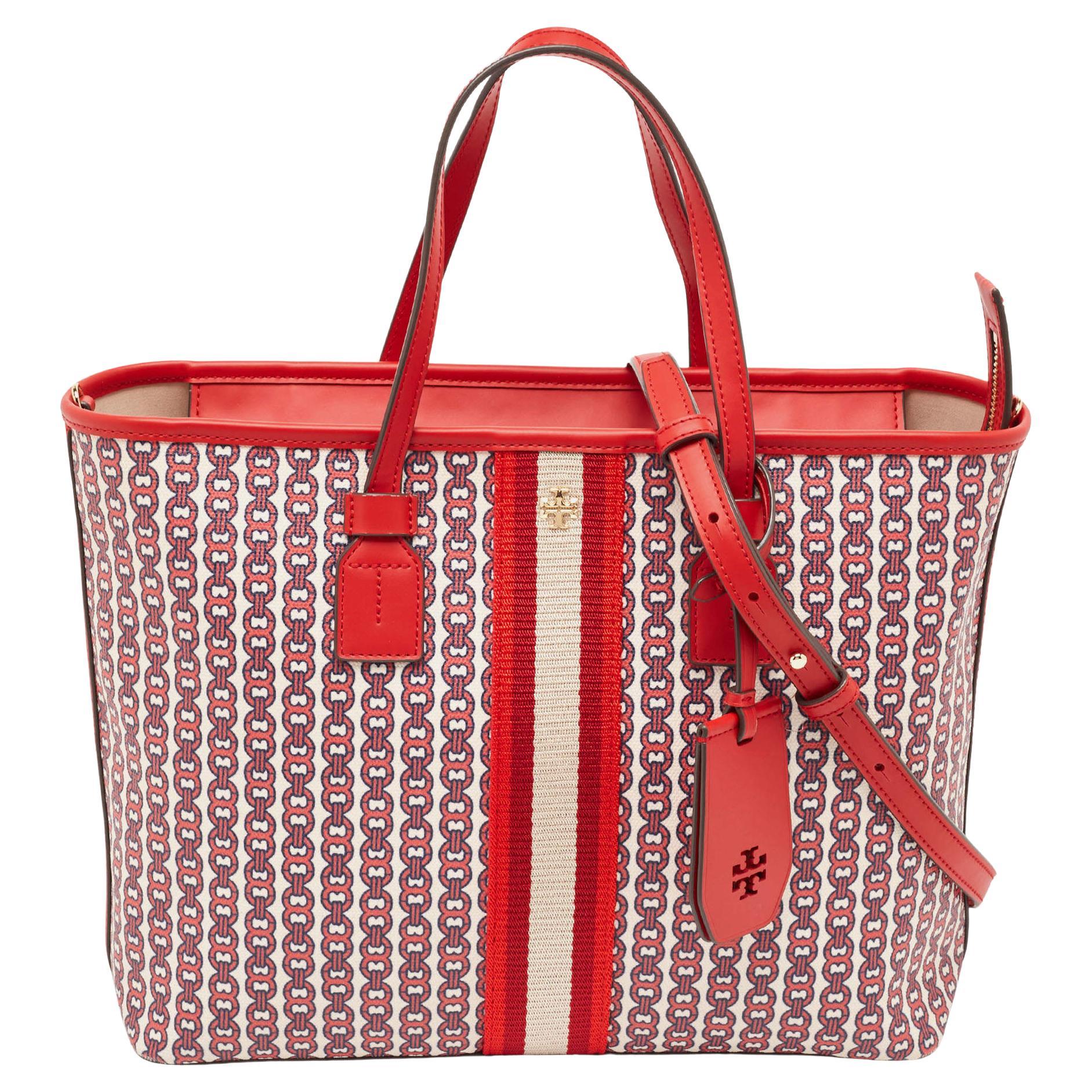Tory Burch Red Coated Canvas and Leather Gemini Link Top Zip Tote