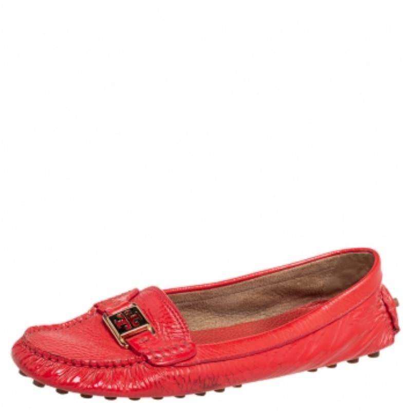 Tory Burch Red Crinkled Patent Leather Driving Loafers Size 40 3