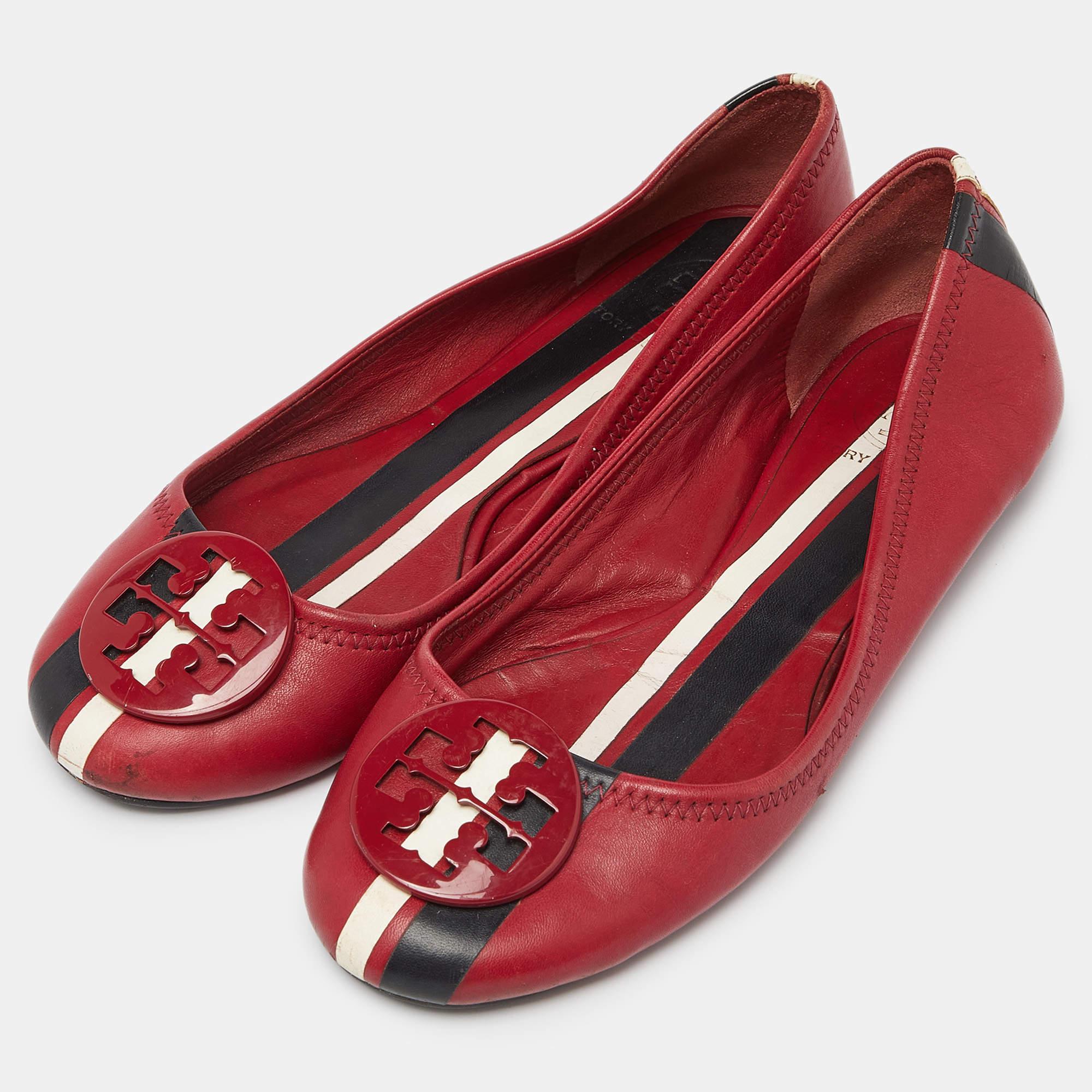 Brown Tory Burch Red Leather Ballet Flats Size 37.5 For Sale