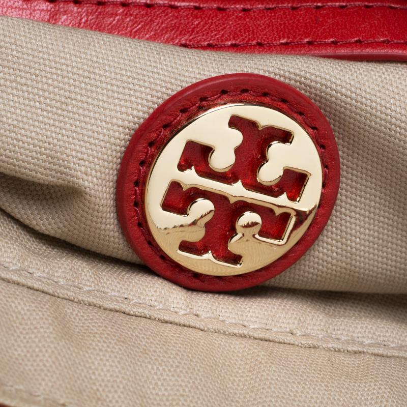 Tory Burch Red Leather Bombe Tote In Excellent Condition In Dubai, Al Qouz 2