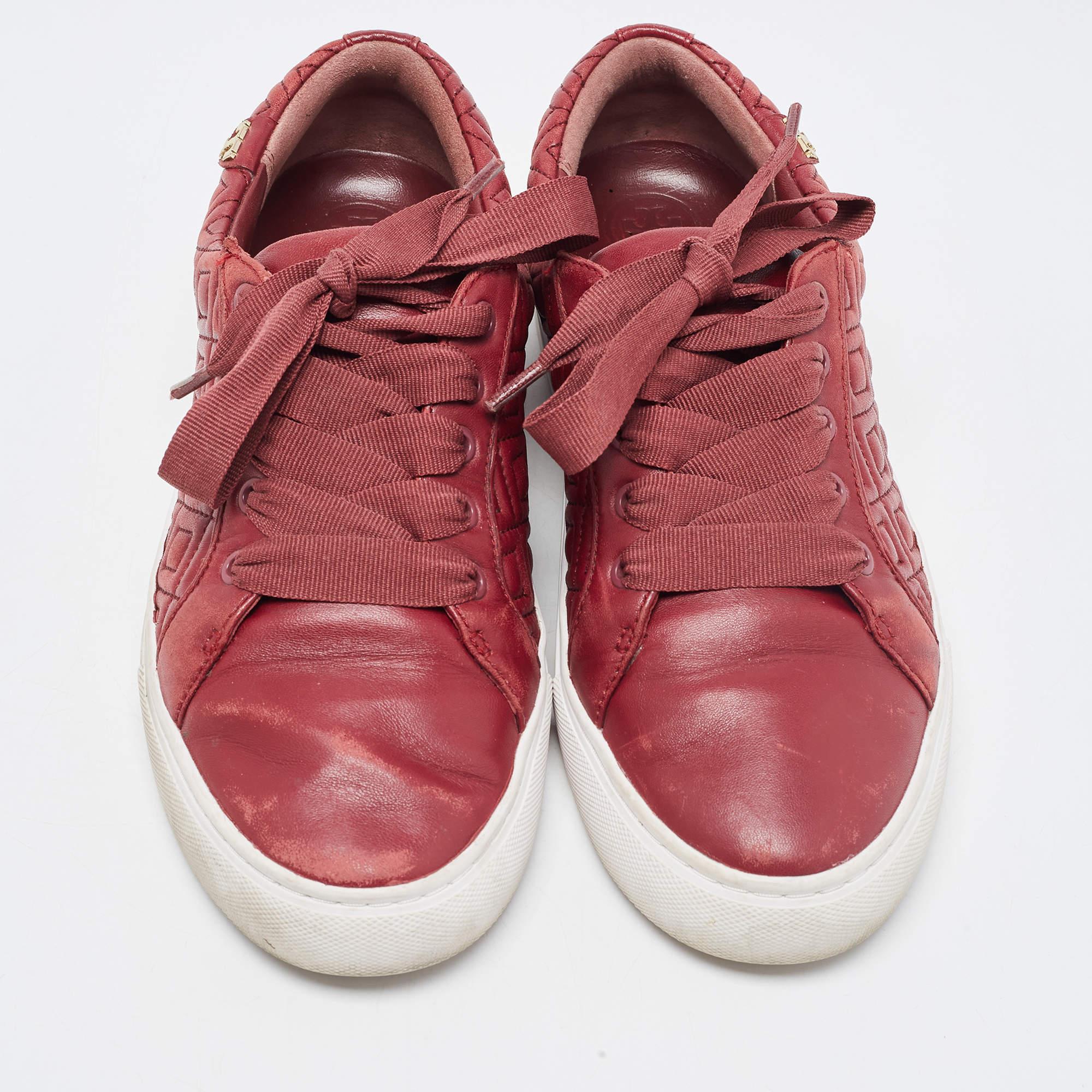 Brown Tory Burch Red Quilted Leather Marion Lace Up Sneakers Size 38
