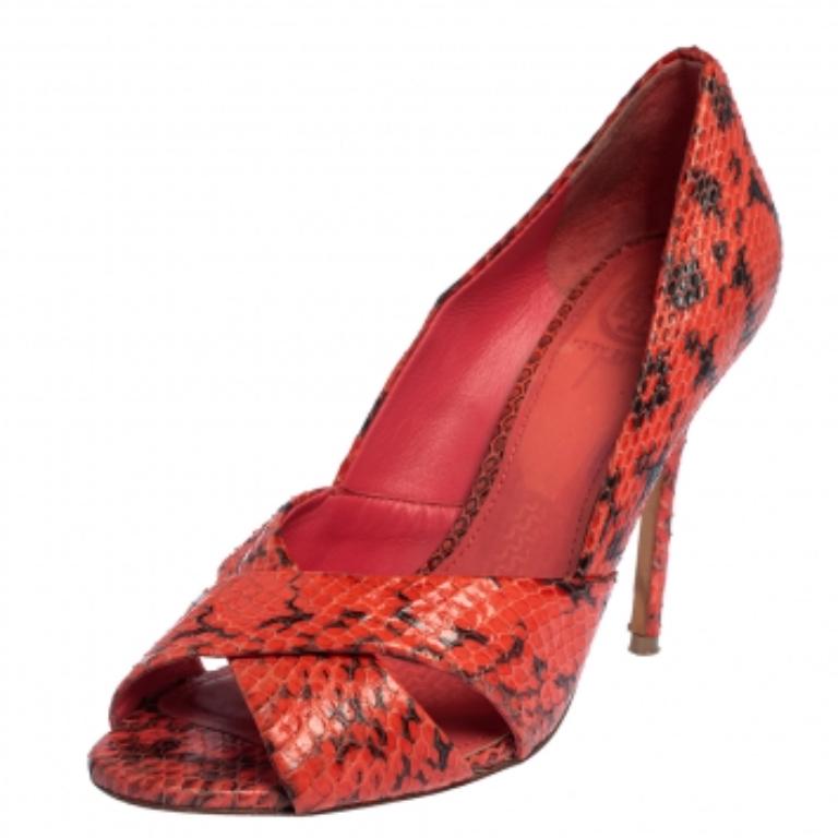 Tory Burch Red Snakeskin Peep Toe Pumps Size 36 For Sale 1