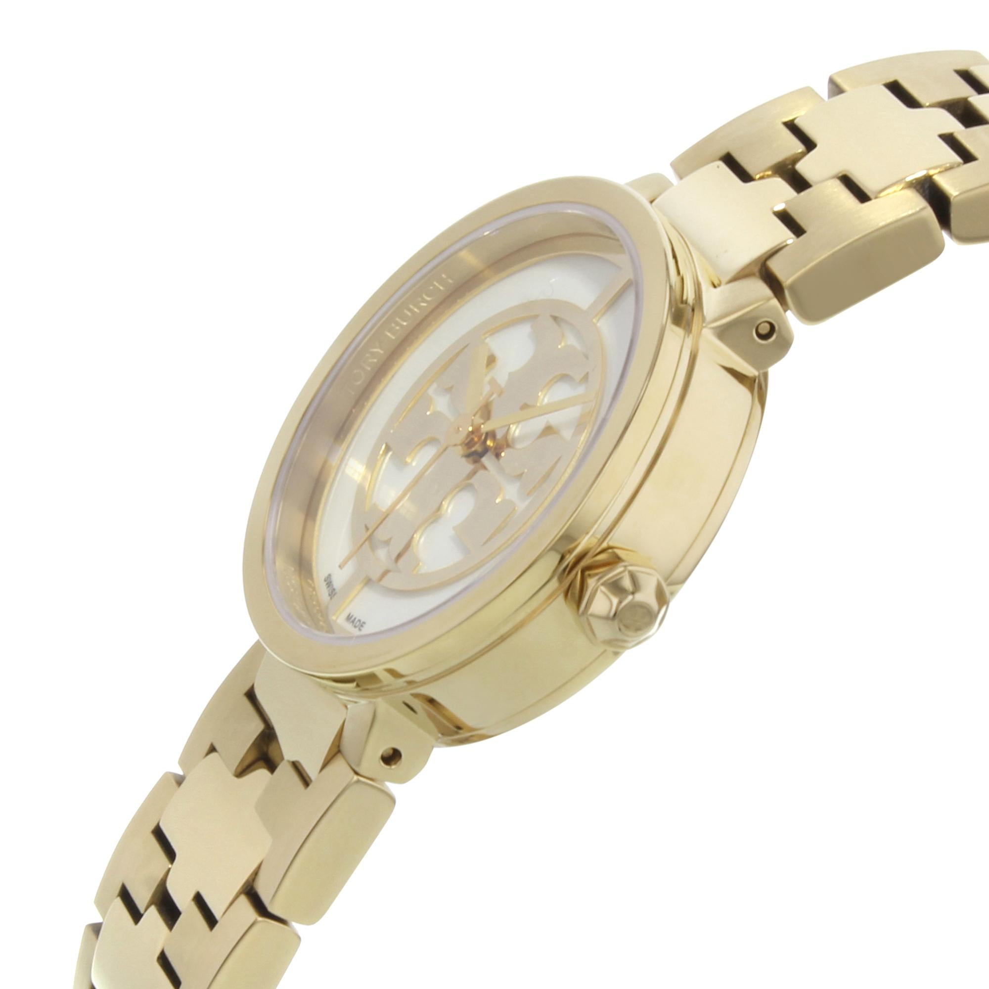 Tory Burch Reva White Dial Gold Toned Steel Quartz Ladies Watch TRB4011 In Good Condition In New York, NY