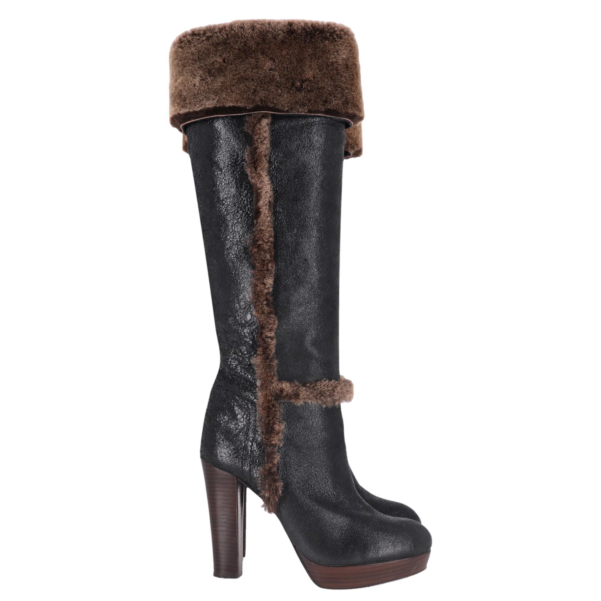 Noir Tory Burch - Sebastian - Bottes à hauteur de genou en cuir et shearling en vente