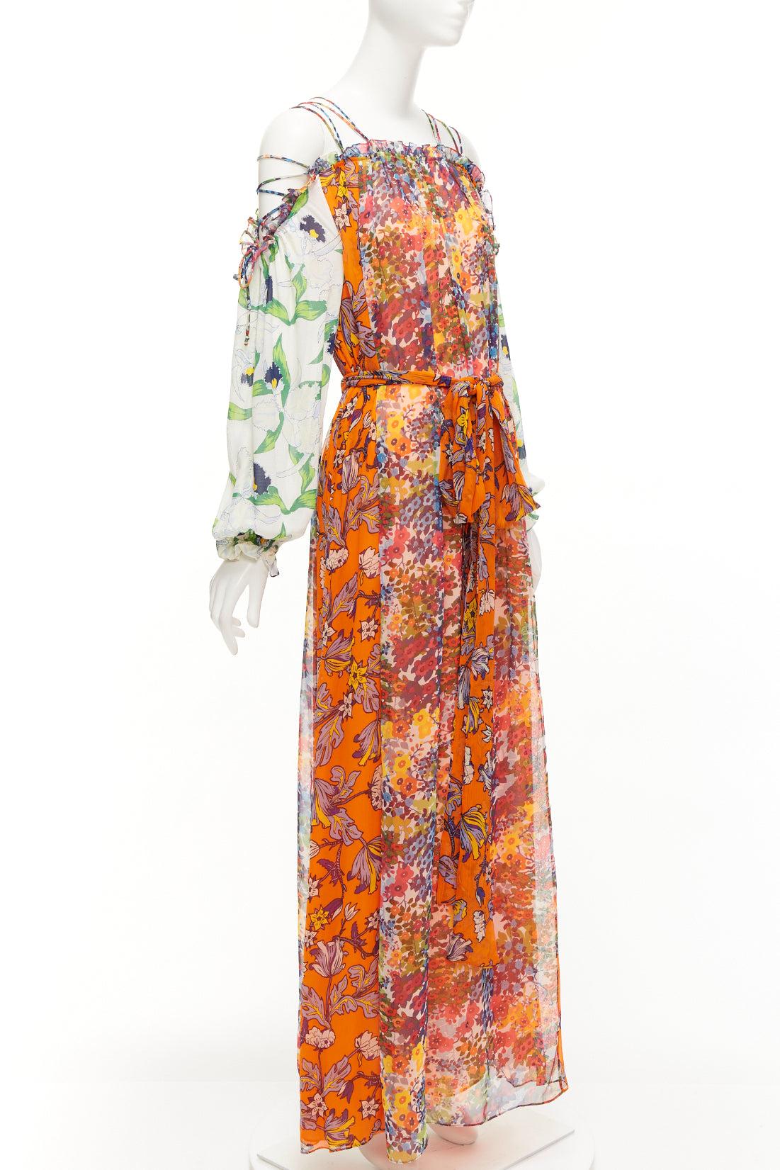 TORY BURCH Shasta orange white contrast floral silk cold shoulder maxi dress In Excellent Condition In Hong Kong, NT