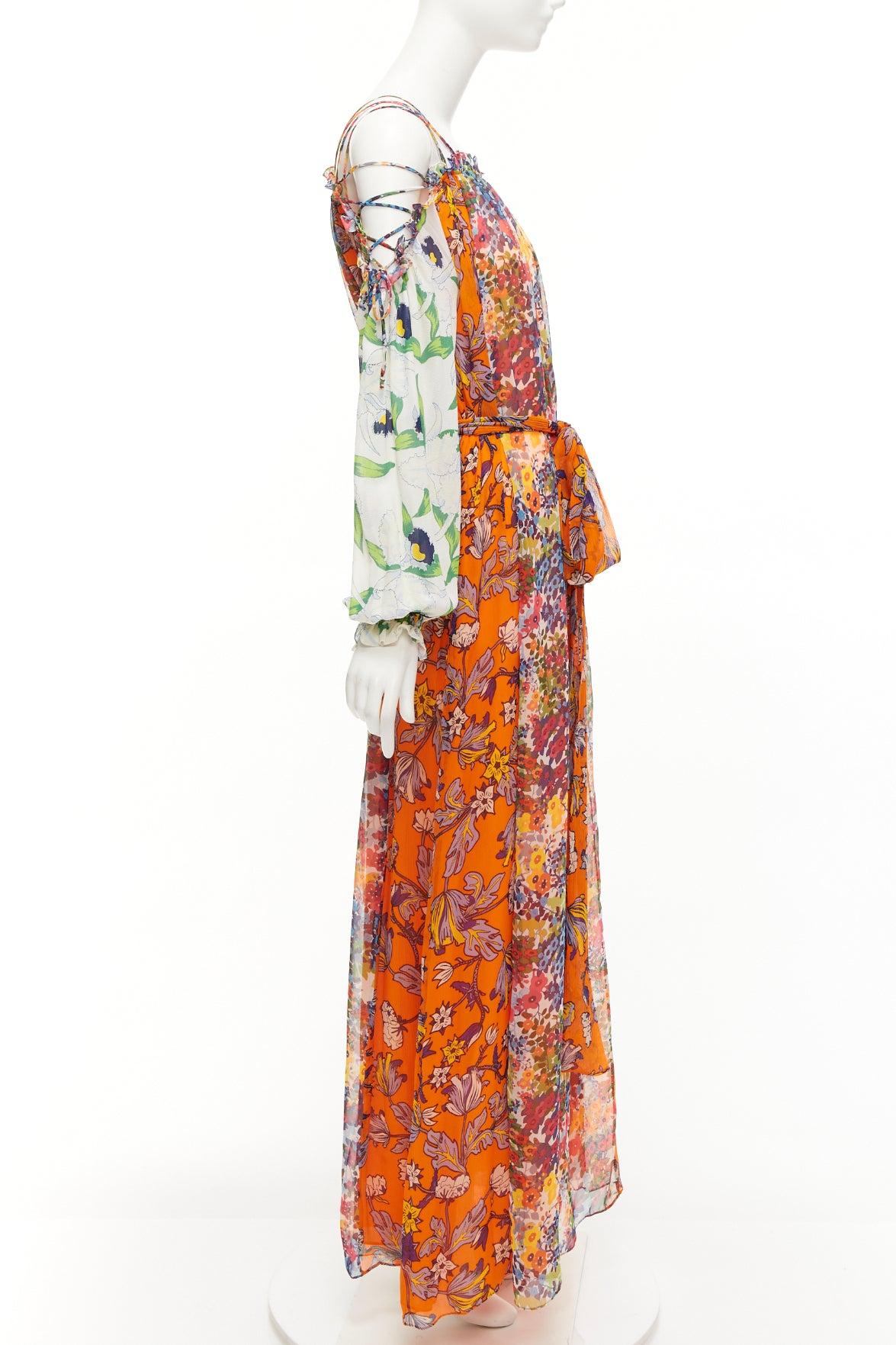 Women's TORY BURCH Shasta orange white contrast floral silk cold shoulder maxi dress