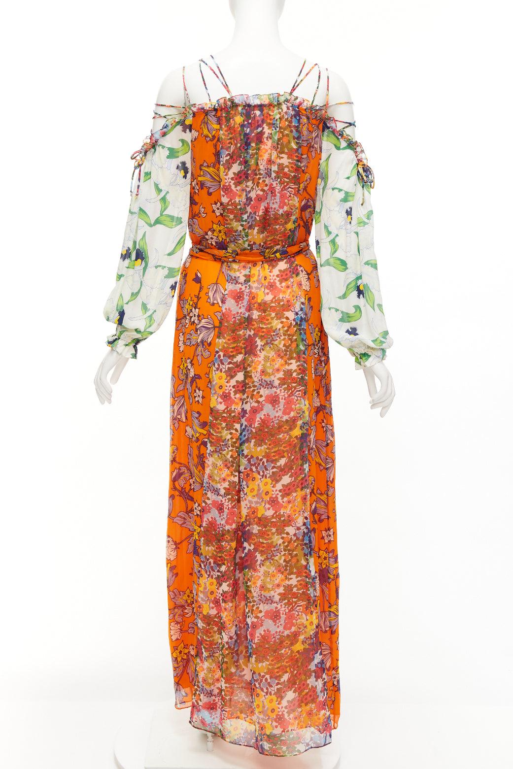 TORY BURCH Shasta orange white contrast floral silk cold shoulder maxi dress 1