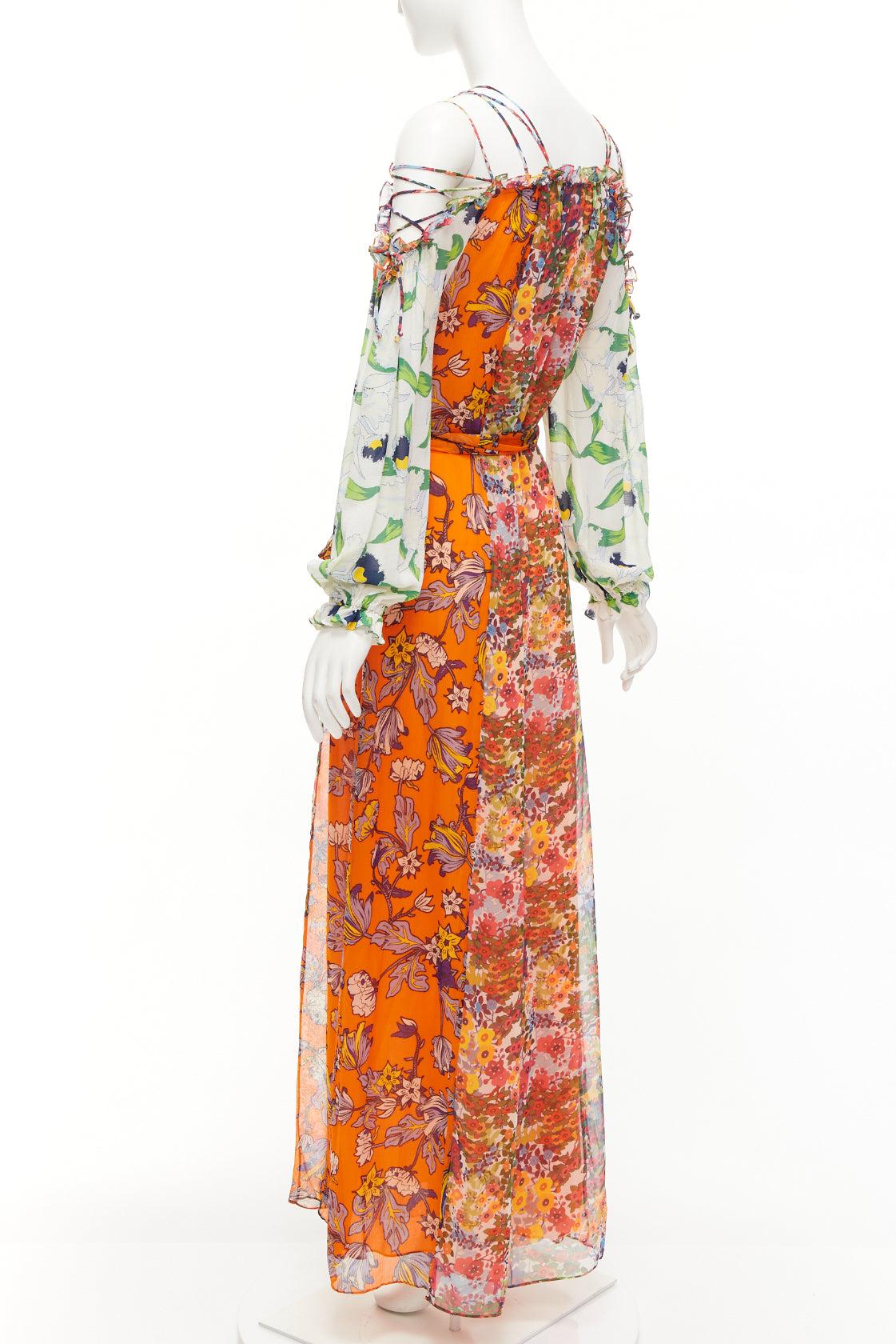 TORY BURCH Shasta orange white contrast floral silk cold shoulder maxi dress 2