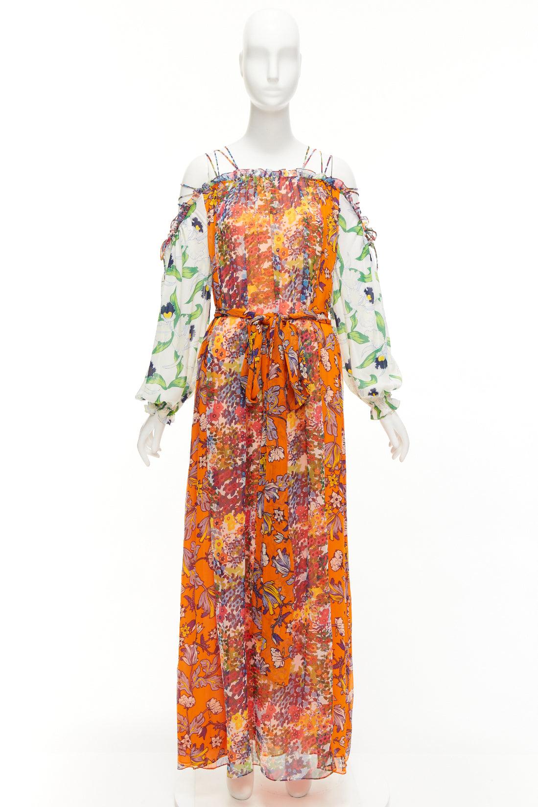 TORY BURCH Shasta orange white contrast floral silk cold shoulder maxi dress 5