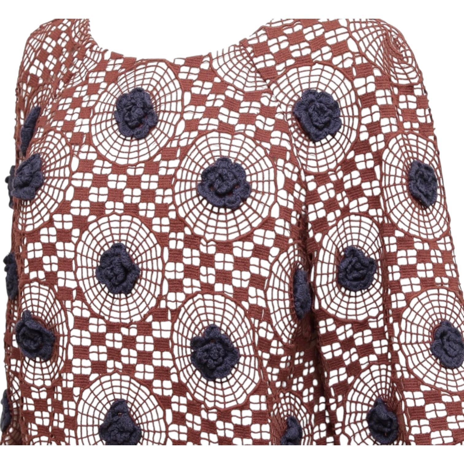 Women's TORY BURCH Shirt Blouse Top 3/4 Sleeve Crochet Knit Brown Navy Blue Floral Sz 6 For Sale