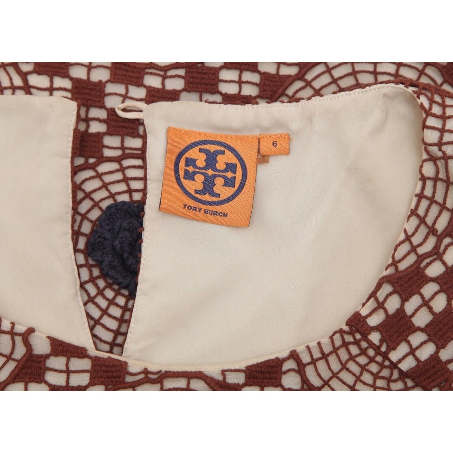 TORY BURCH Shirt Blouse Top 3/4 Sleeve Crochet Knit Brown Navy Blue Floral Sz 6 For Sale 3