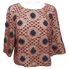 TORY BURCH Shirt Blouse Top 3/4 Sleeve Crochet Knit Brown Navy Blue Floral Sz 6