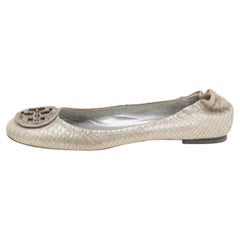 Tory Burch Silver Python Embossed Leather Reva Ballet Flats Size 38.5