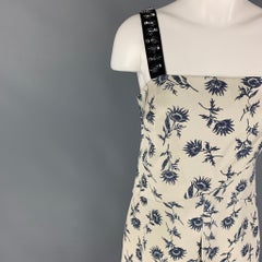 TORY BURCH Taglia 8 Abito grigio-blu in lino e poliestere con stampa floreale, linea ad A, lunghezza a metà polpaccio