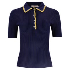 Tory Burch Stitch-Trim Silk Blend Ribbed Polo Top