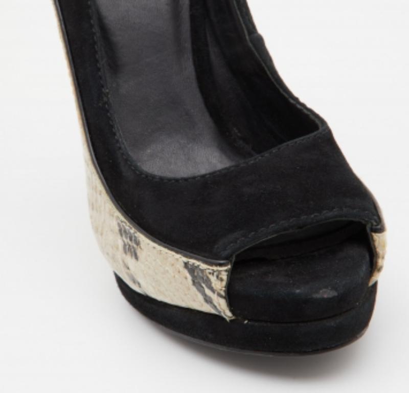 Women's Tory Burch Suede & Python Embossed Leather Sandra Wedge Peep Toe Pumps Size 36.5 For Sale