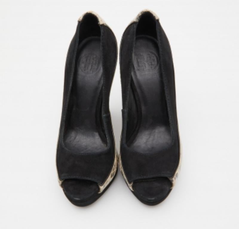 Tory Burch Suede & Python Embossed Leather Sandra Wedge Peep Toe Pumps Size 36.5 For Sale 2