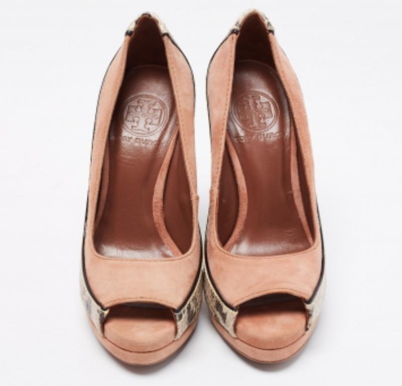 Tory Burch Suede & Python Embossed Leather Sandra Wedge Platform Pumps Size 35 For Sale 1