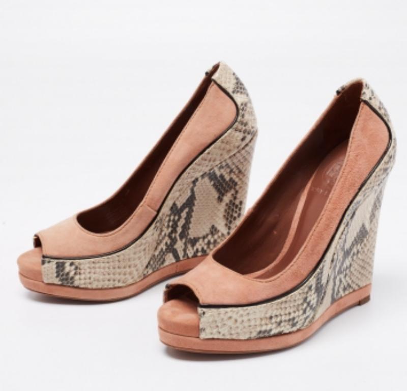 Tory Burch Suede & Python Embossed Leather Sandra Wedge Platform Pumps Size 35 For Sale 2