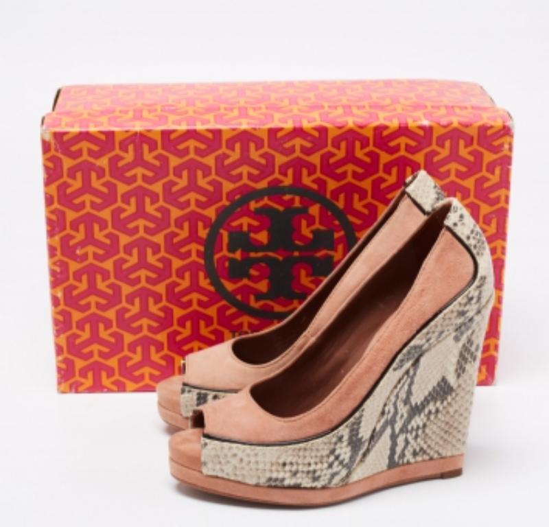 Tory Burch Suede & Python Embossed Leather Sandra Wedge Platform Pumps Size 35 For Sale 3