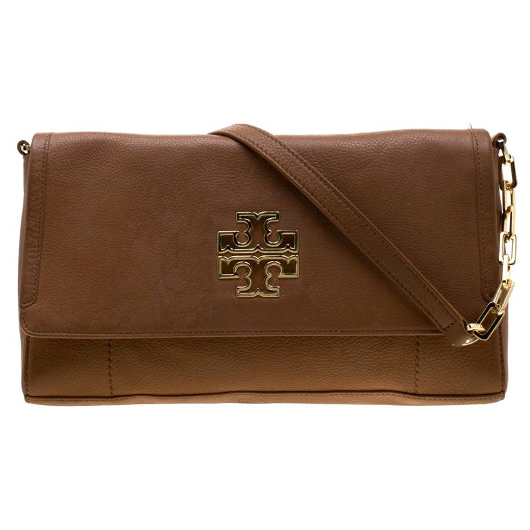 Tory Burch Tan Britten Leather Fold Over Crossbody Bag