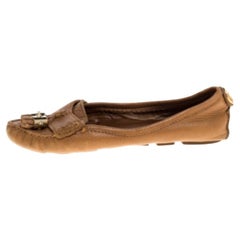 Tory Burch Tan Leather Lawrence Tassel And Logo Embellished Loafers Size 36.5