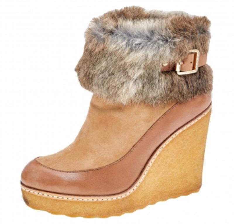 Brown Tory Burch Tan Leather, Suede And Fur Wedge Ankle Boots Size 37