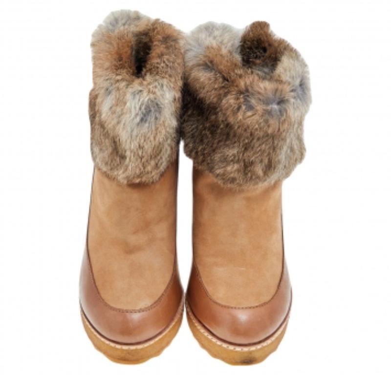 Women's Tory Burch Tan Leather, Suede And Fur Wedge Ankle Boots Size 37