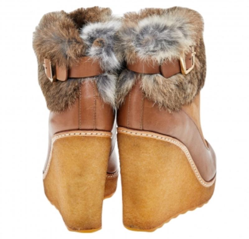 Tory Burch Tan Leather, Suede And Fur Wedge Ankle Boots Size 37 1