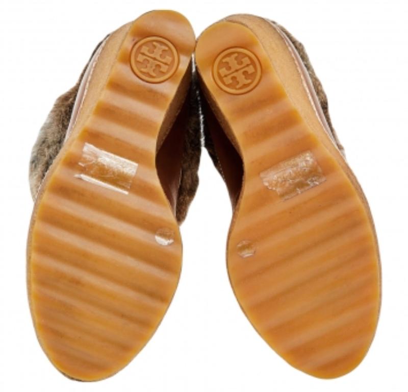 Tory Burch Tan Leather, Suede And Fur Wedge Ankle Boots Size 37 2
