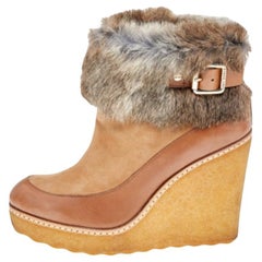 Tory Burch Tan Leather, Suede And Fur Wedge Ankle Boots Size 37