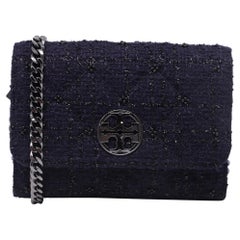 Tory Burch Tweed-Umhängetasche aus marineblauer Wolle