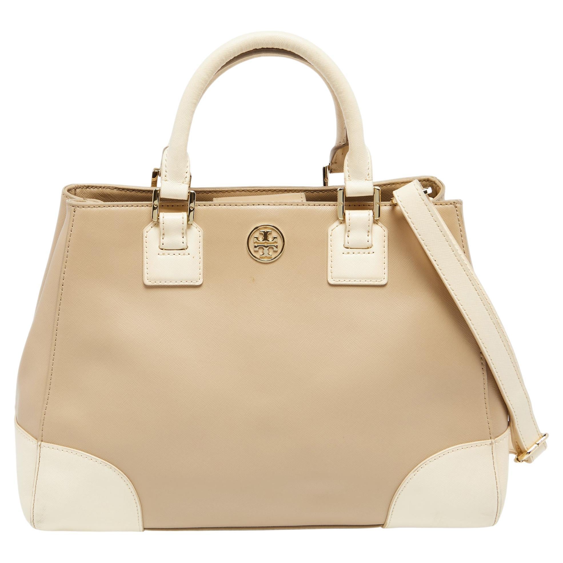 Tory Burch Two Tone Saffiano Lux Leather Robinson Tote Bag in