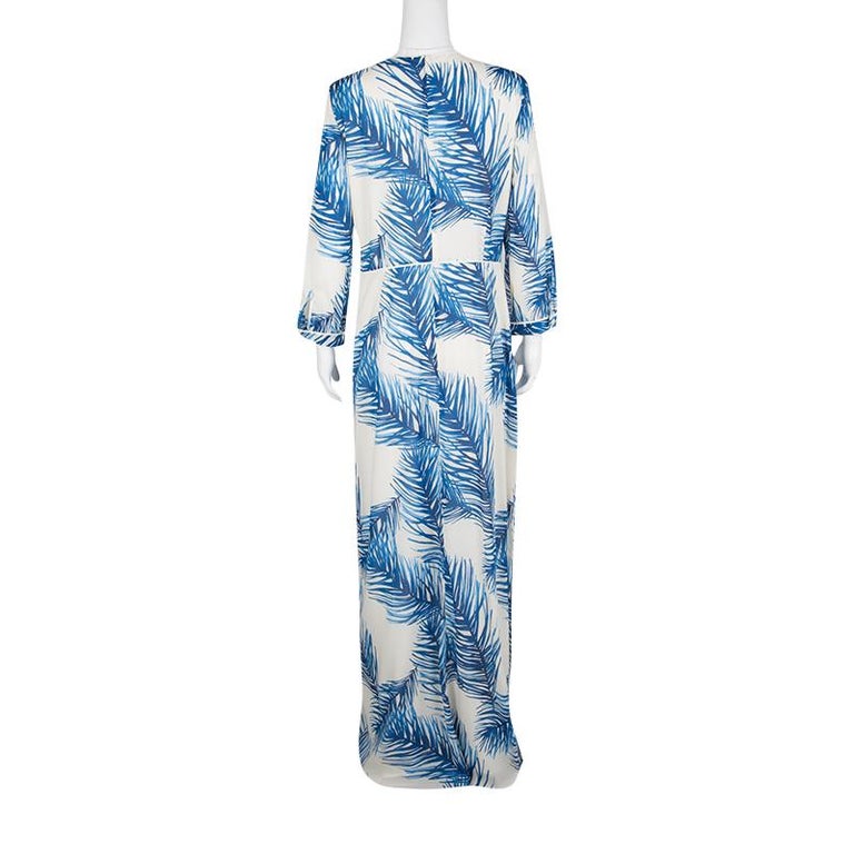 Tory Burch White and Blue Feather Print Sequin Embellished Silk Maxi ...