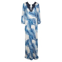 Tory Burch White and Blue Feather Print Sequin Embellished Silk Maxi Dress L